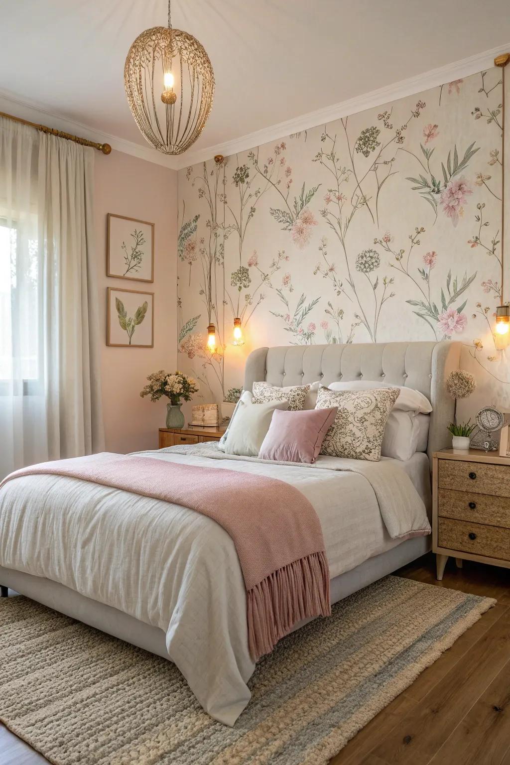 Soft hues background wallpaper fashions a soothing ambiance in a bedroom.