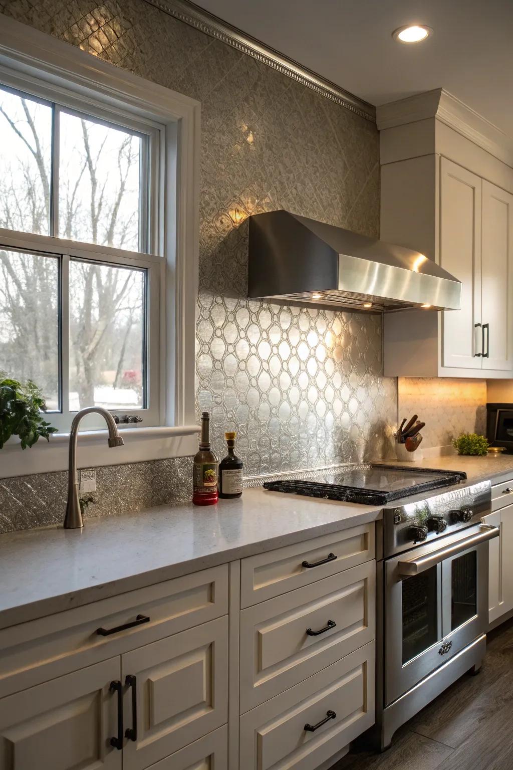 A kitchen showcasing a subdued metallic look backsplash.