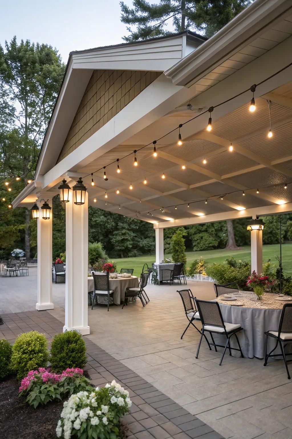 A multi-use carport provides a functional space for both vehicles and social gatherings.