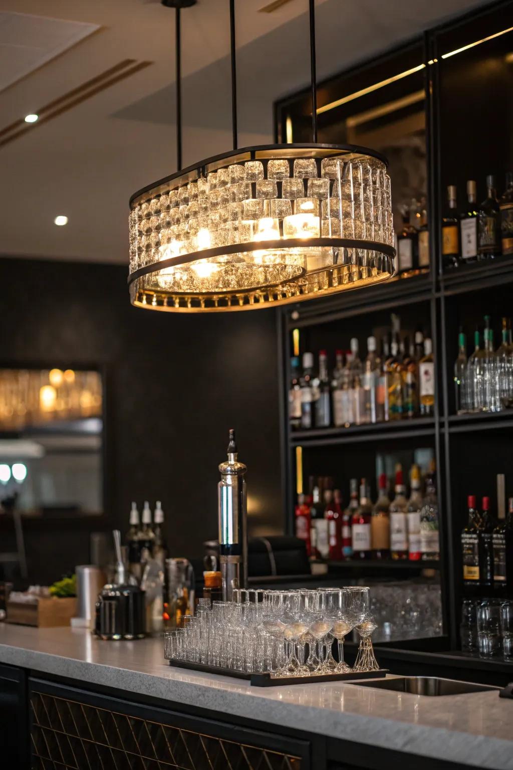 A showcase illumination piece turns into the focal point of the mini bar.