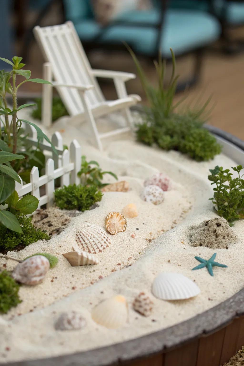 A themed mini garden featuring a seashore panorama, complete with grain and seashells.