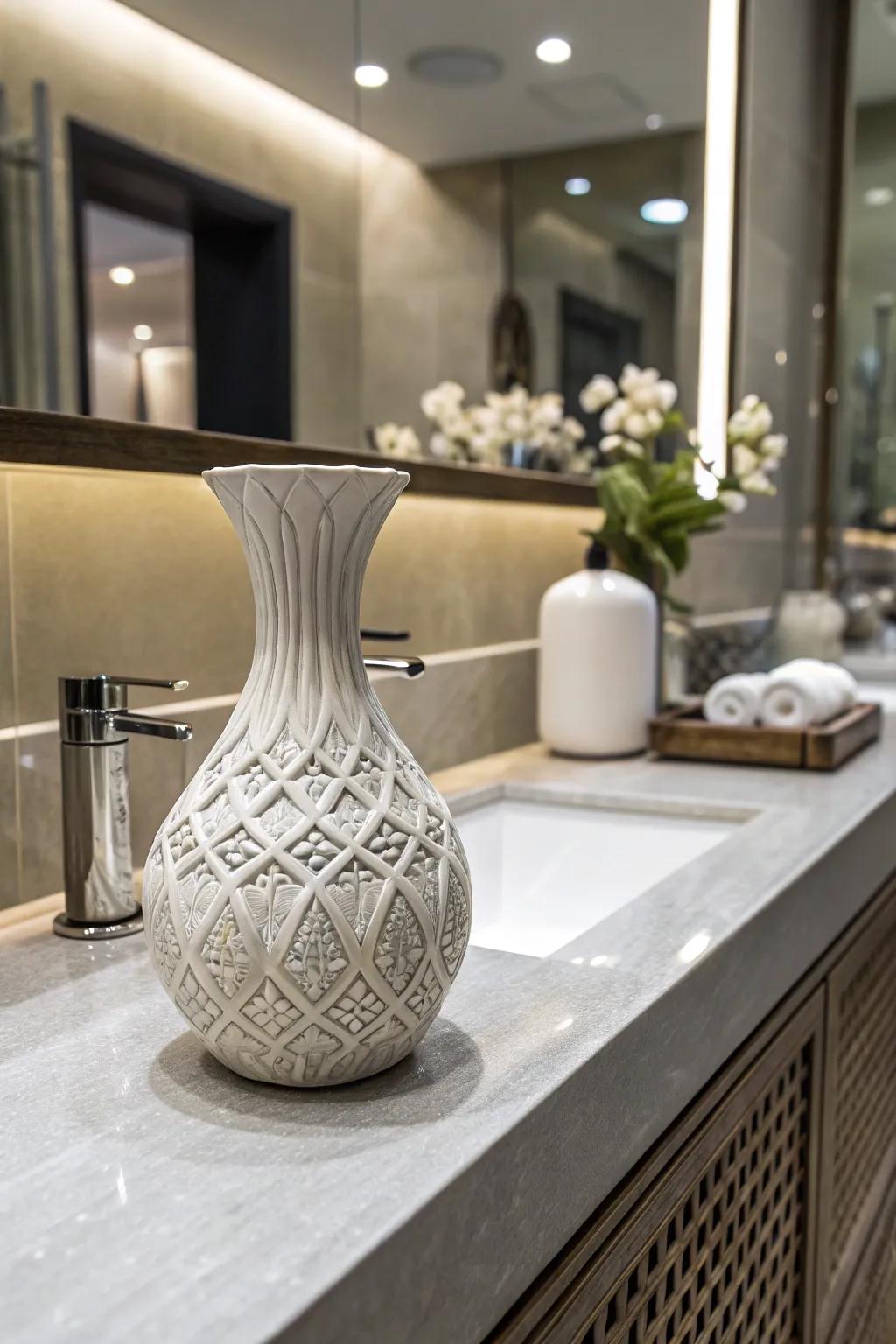 A conspicuous ornament such as a sculptural bud vase contributes uniqueness to the visual theme.