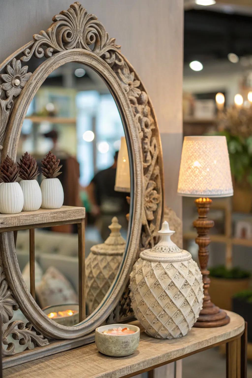 An artistic mirror that has a sculptural shelf for a bold design statement.