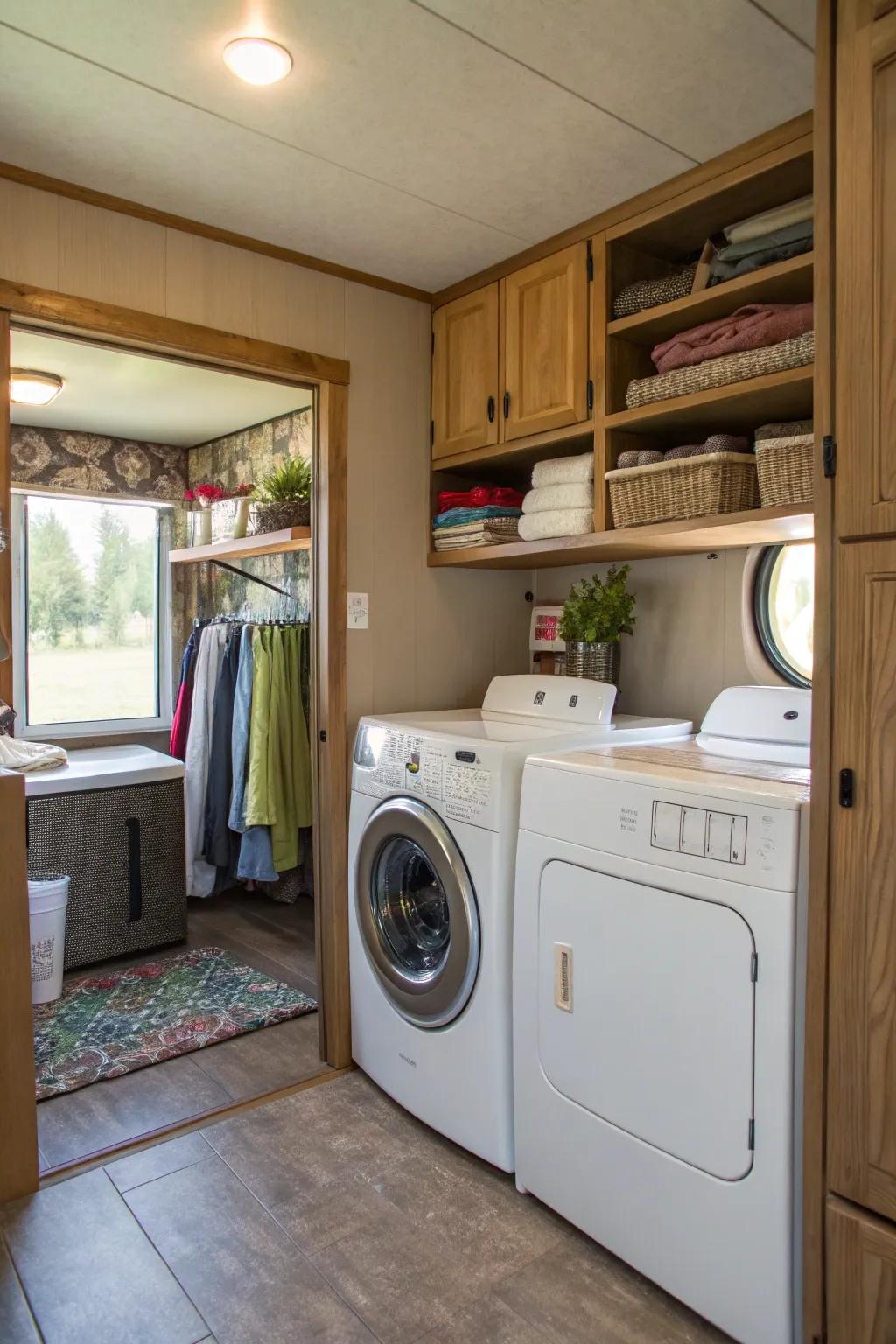A well-equipped washing room featuring washer, dryer, and storage, rendering laundry tasks convenient.