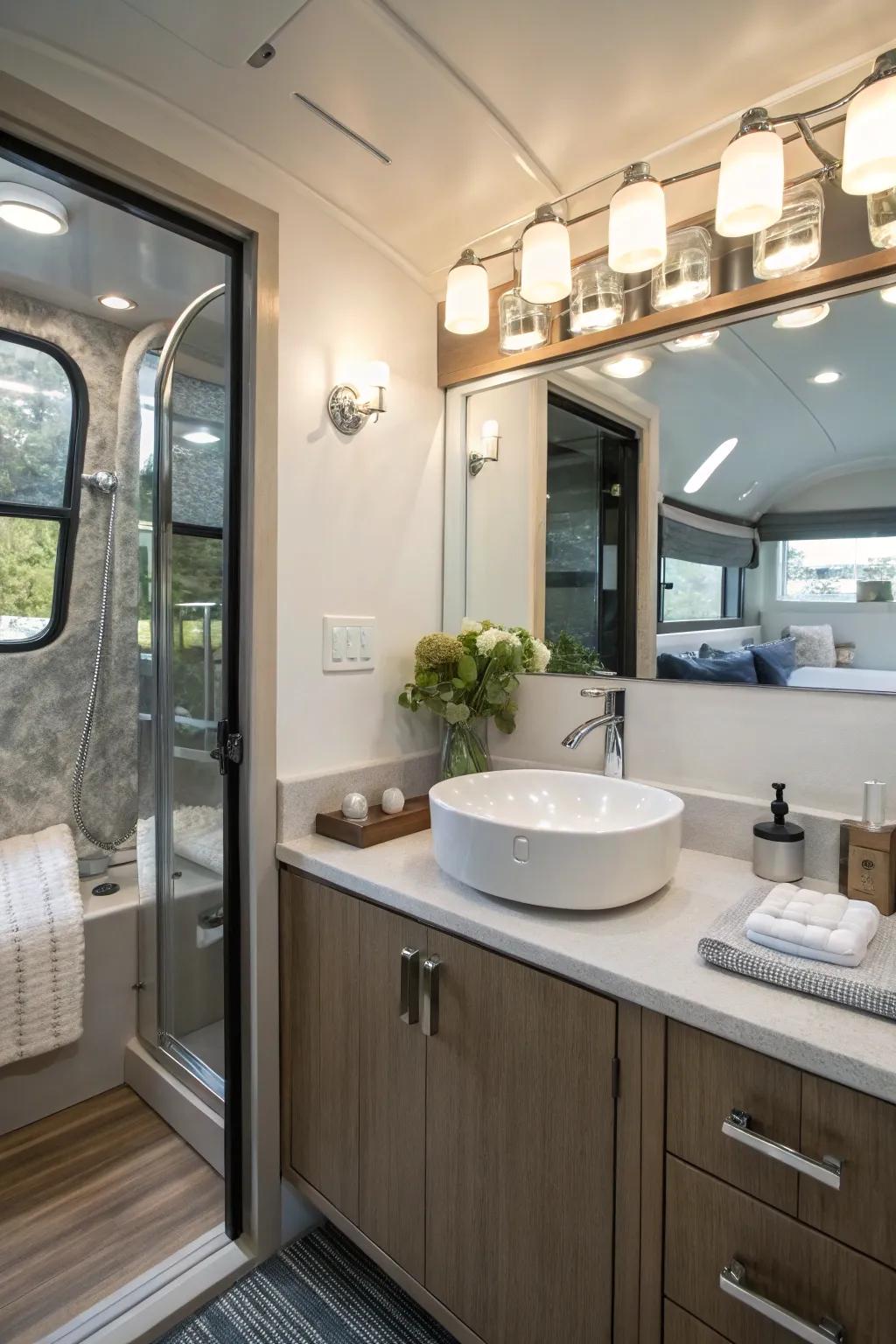 Contemporary features elevate the bathing room's design.