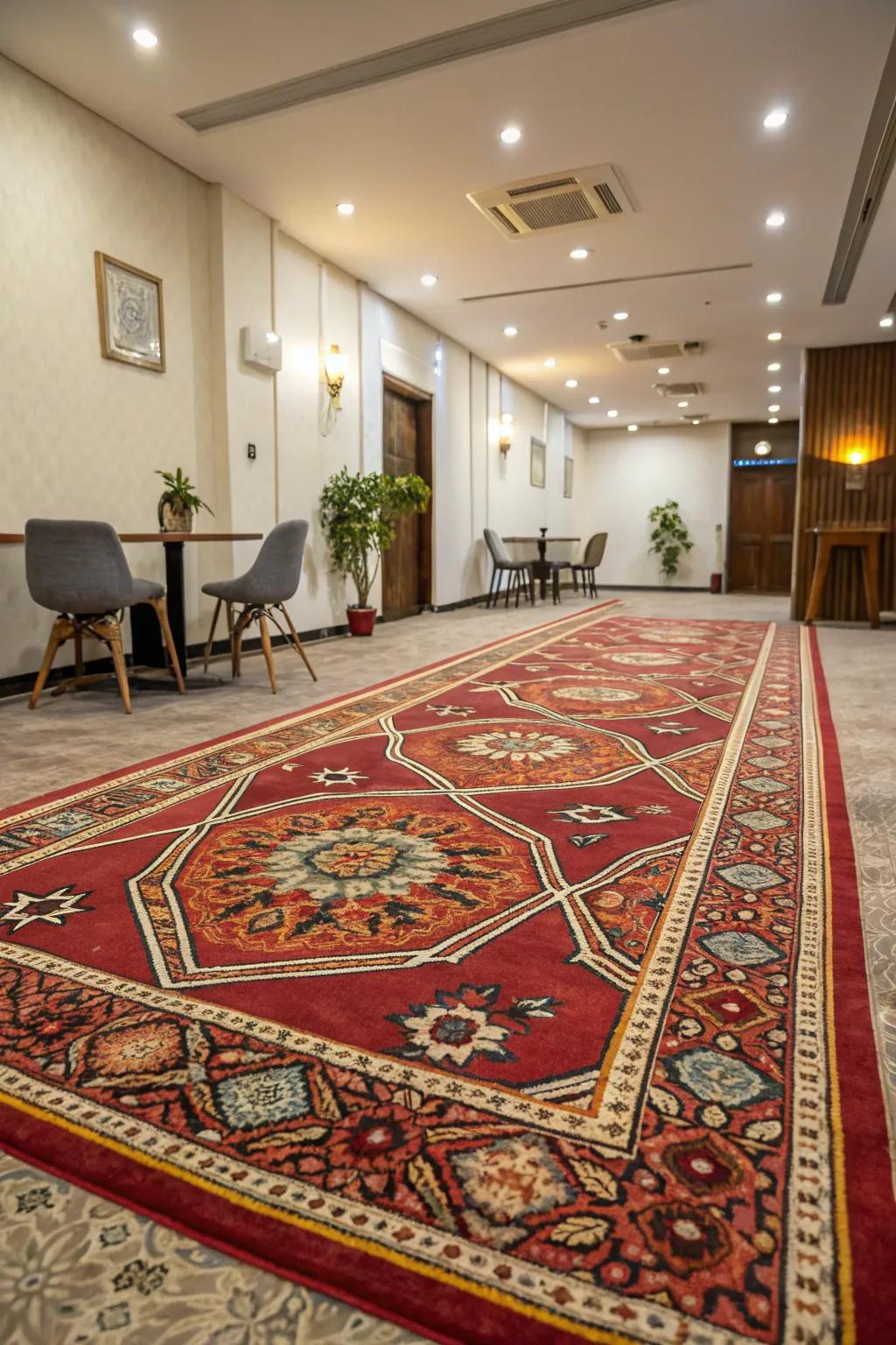 Room with an unexpected patterned carpet, adding a wow factor