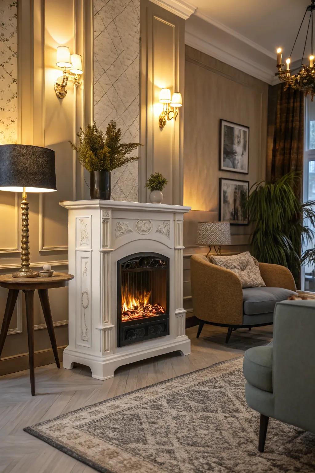 A modern living area featuring an electric fireplace with vintage influences for a hint of nostalgia.