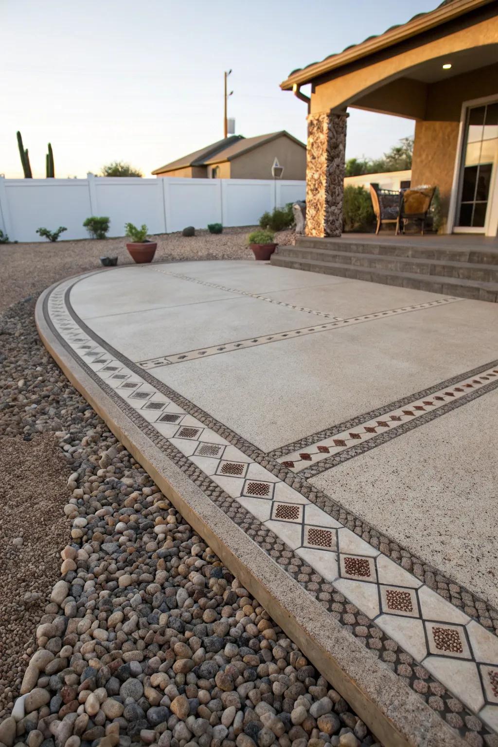 Patterned edges define the patio's edges.