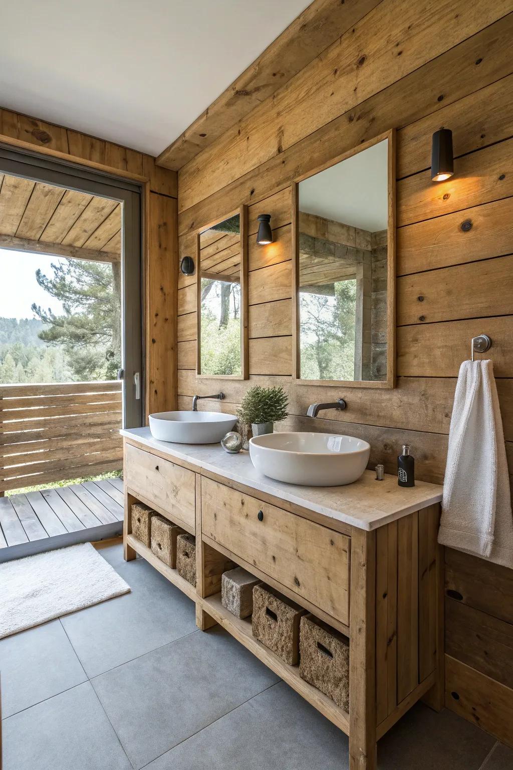 Salvaged materials infuse the bathroom with uniqueness and sustainability.