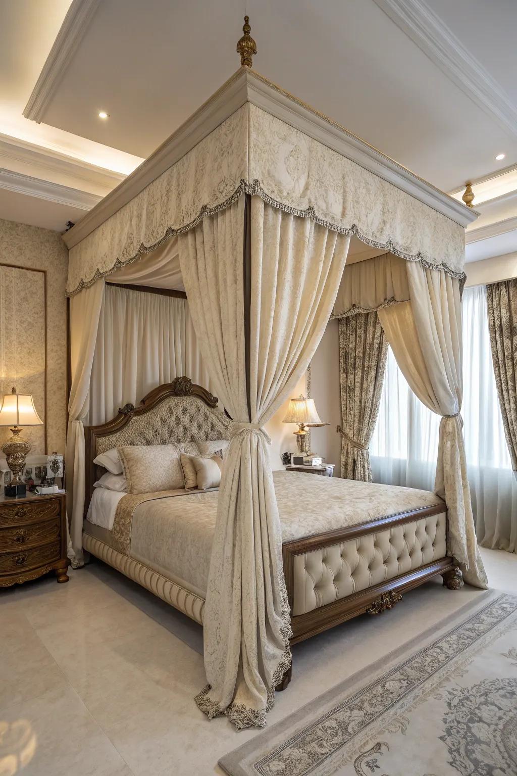 A canopy bed contributes a touch of luxury and fashions a dreamy space.
