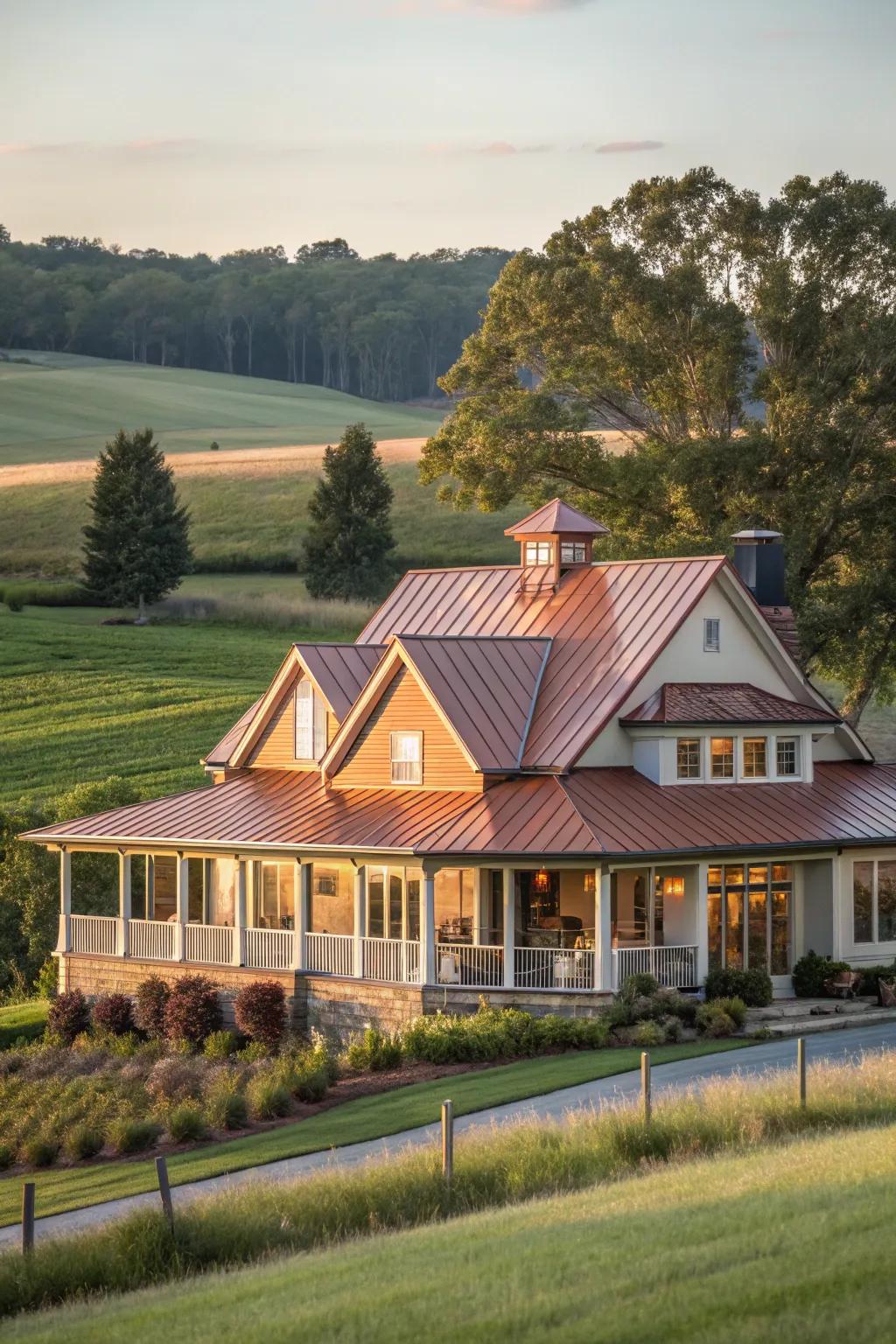 Luxurious warmth: A farmhouse with bronze touches on a metal roof.
