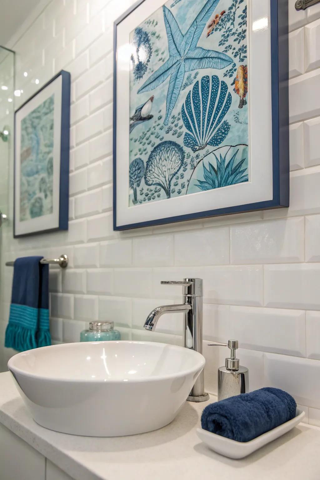 A splash of blue color in artwork within a washroom.