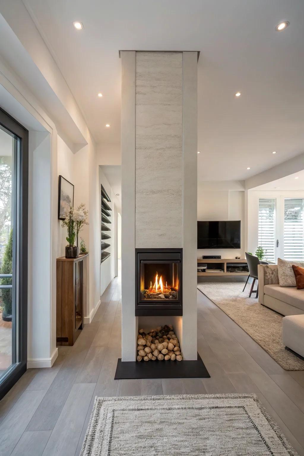 A gas fireplace with vertical positioning that gives elegance in small spaces.