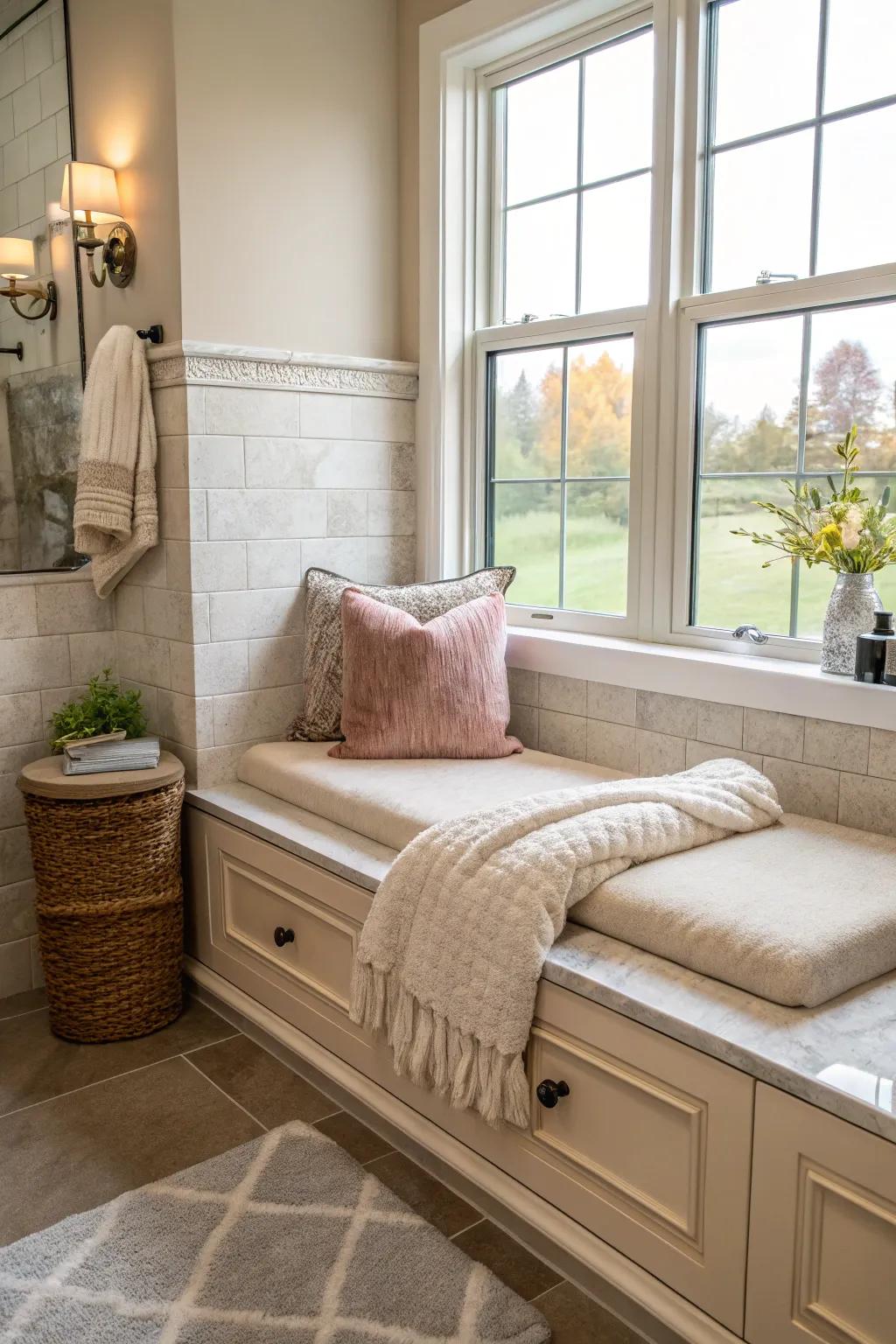 A bathroom featuring a calming retreat via a cushioned bench for infused comfort.
