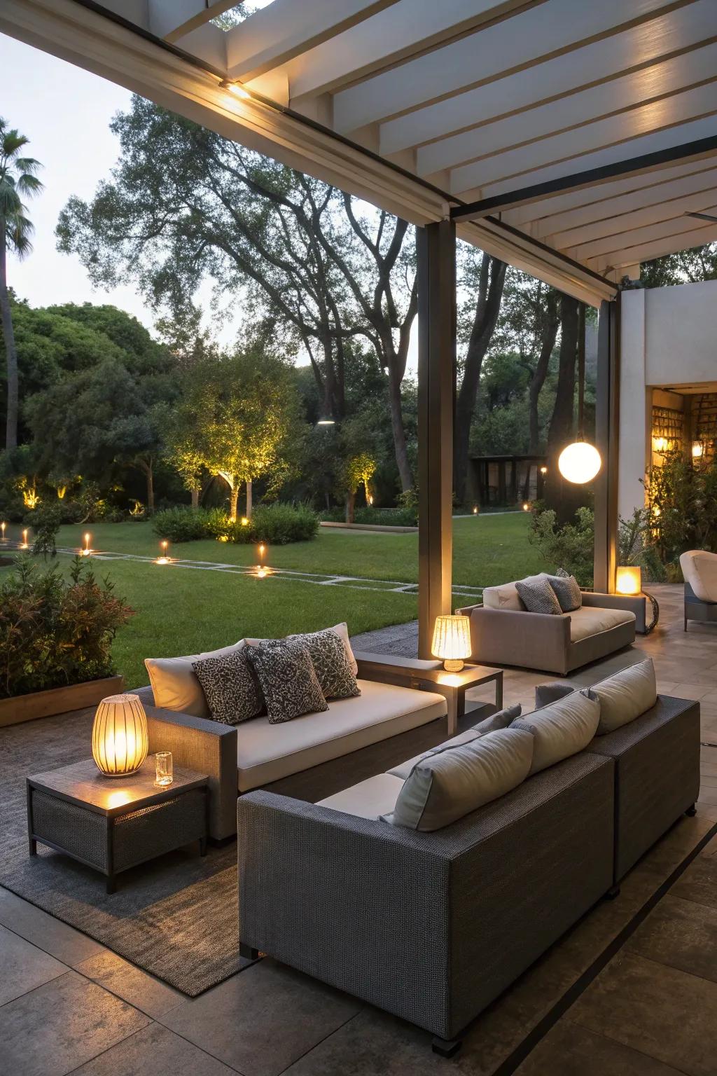 A cozy outdoor lounge is perfect for relaxation and entertaining.