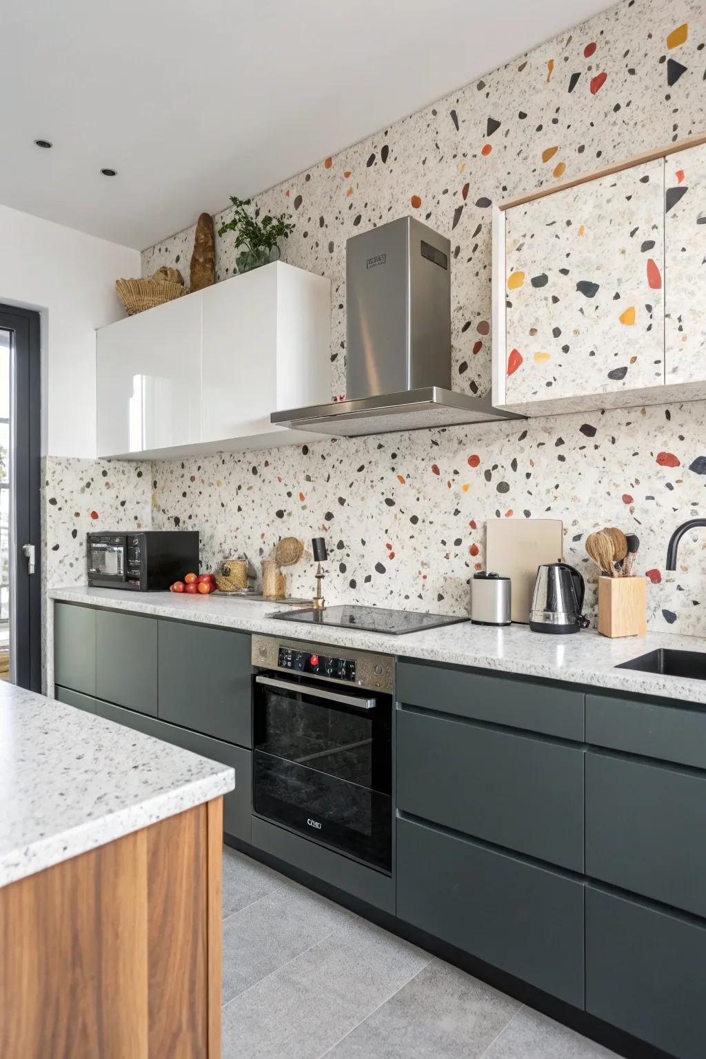 Speckled tiles add playful texture and color.