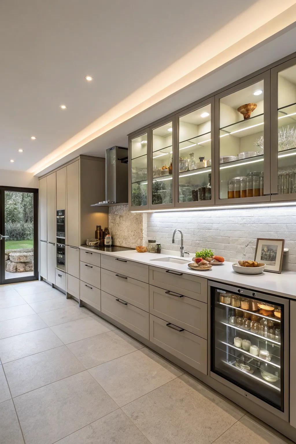 Wall-mounted base cabinets add a modern, airy feel.