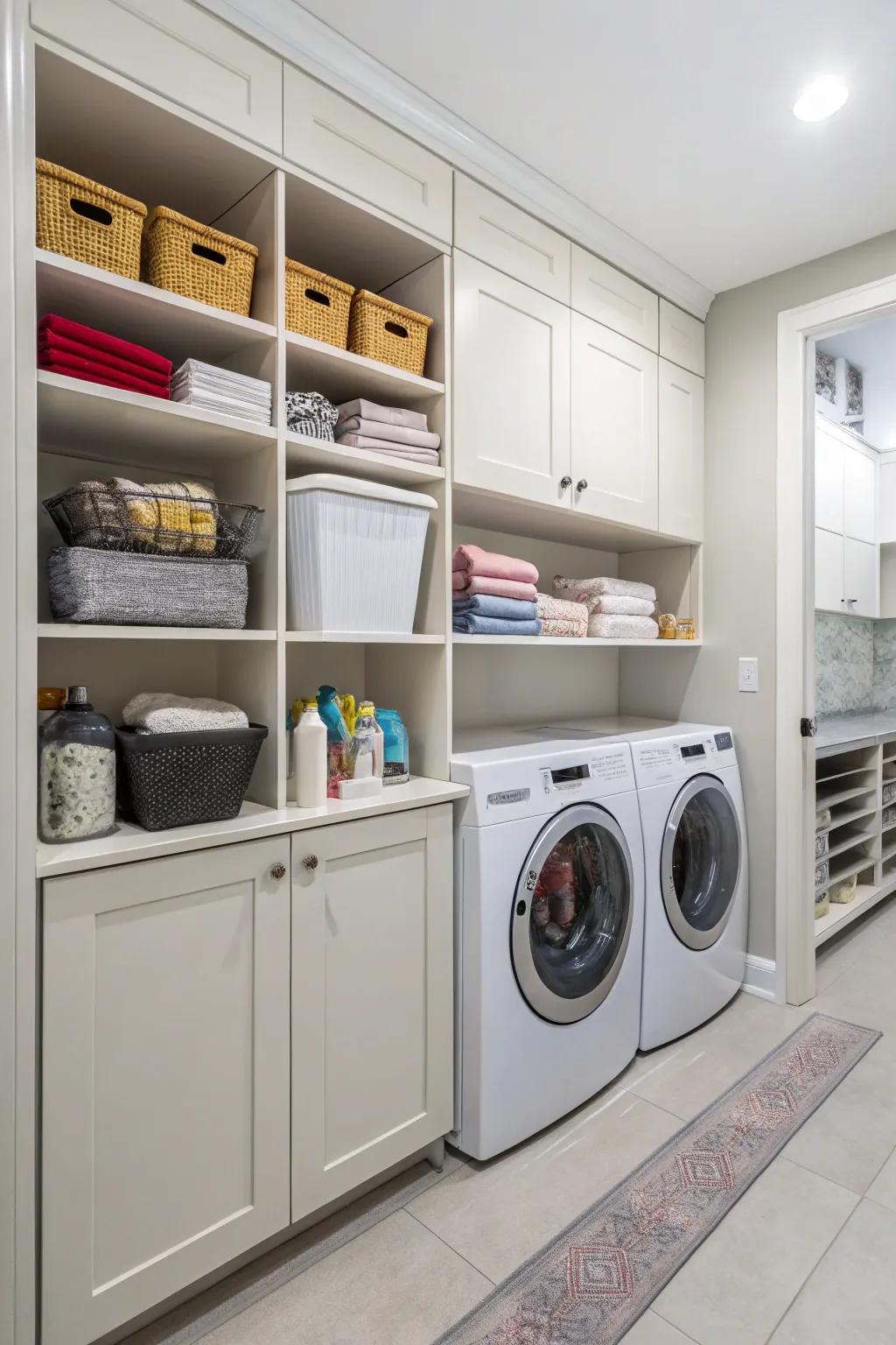 Elevated storage solutions maximize space efficiently.