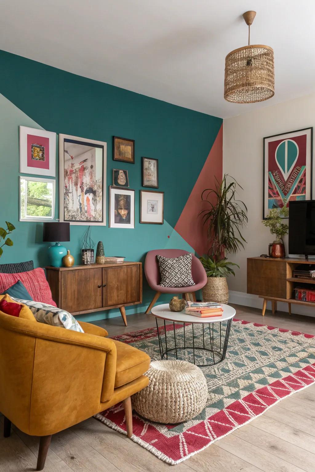 Dual-shade walls redefine this living space with unexpected creativity and delight.