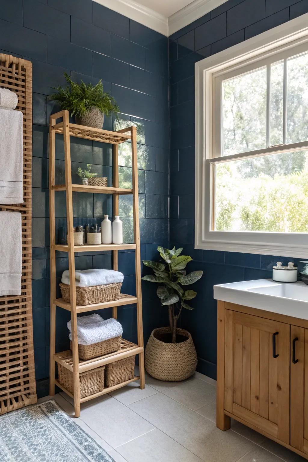 Nature-Friendly materials add sustainability to deep sea blue bathrooms.