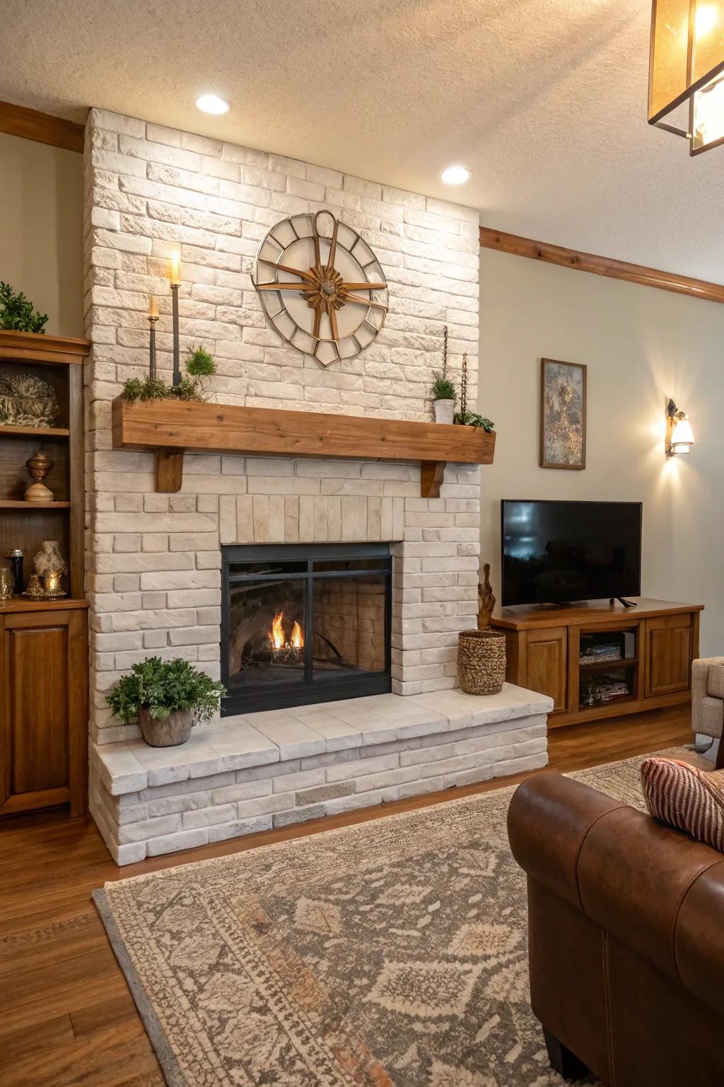 Natural elements contribute warmth to a painted brick fireplace.