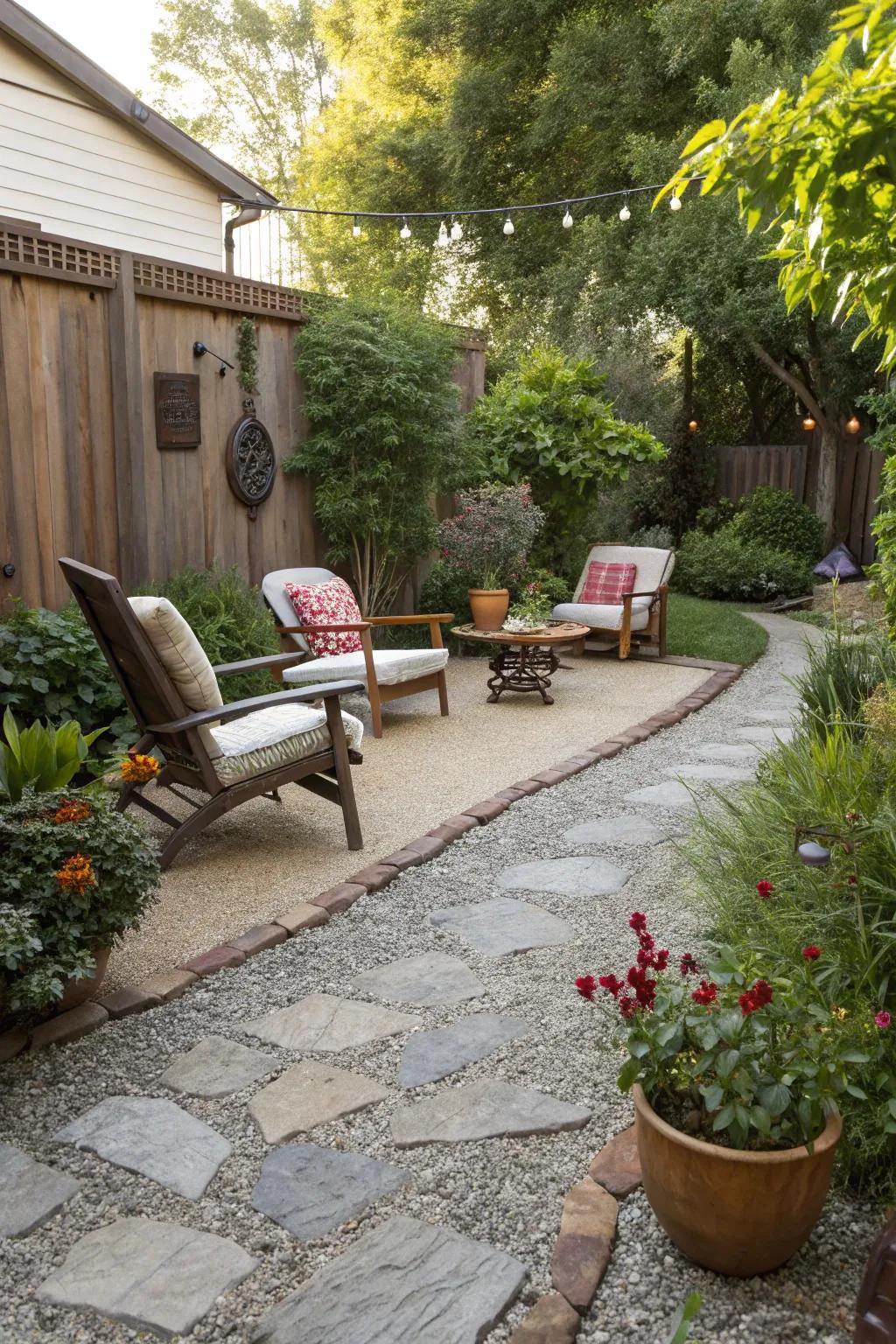 Loose stone delivers an adaptable and laid-back patio arrangement.