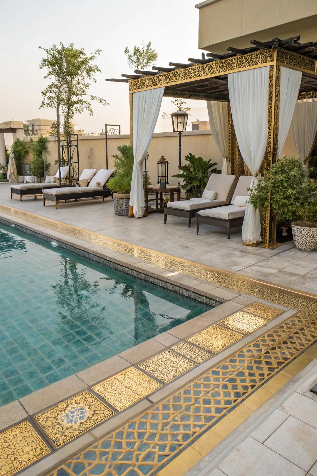 Gilded accents inject a lavish touch to pool layouts.