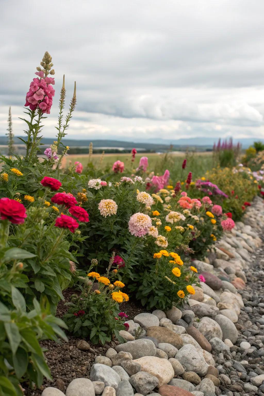 Stone borders provide definition and contrast to colorful flower beds.