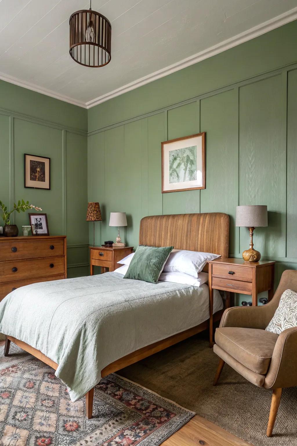 Sage green and contemporary d&eacute;cor design together create a stylish retreat.