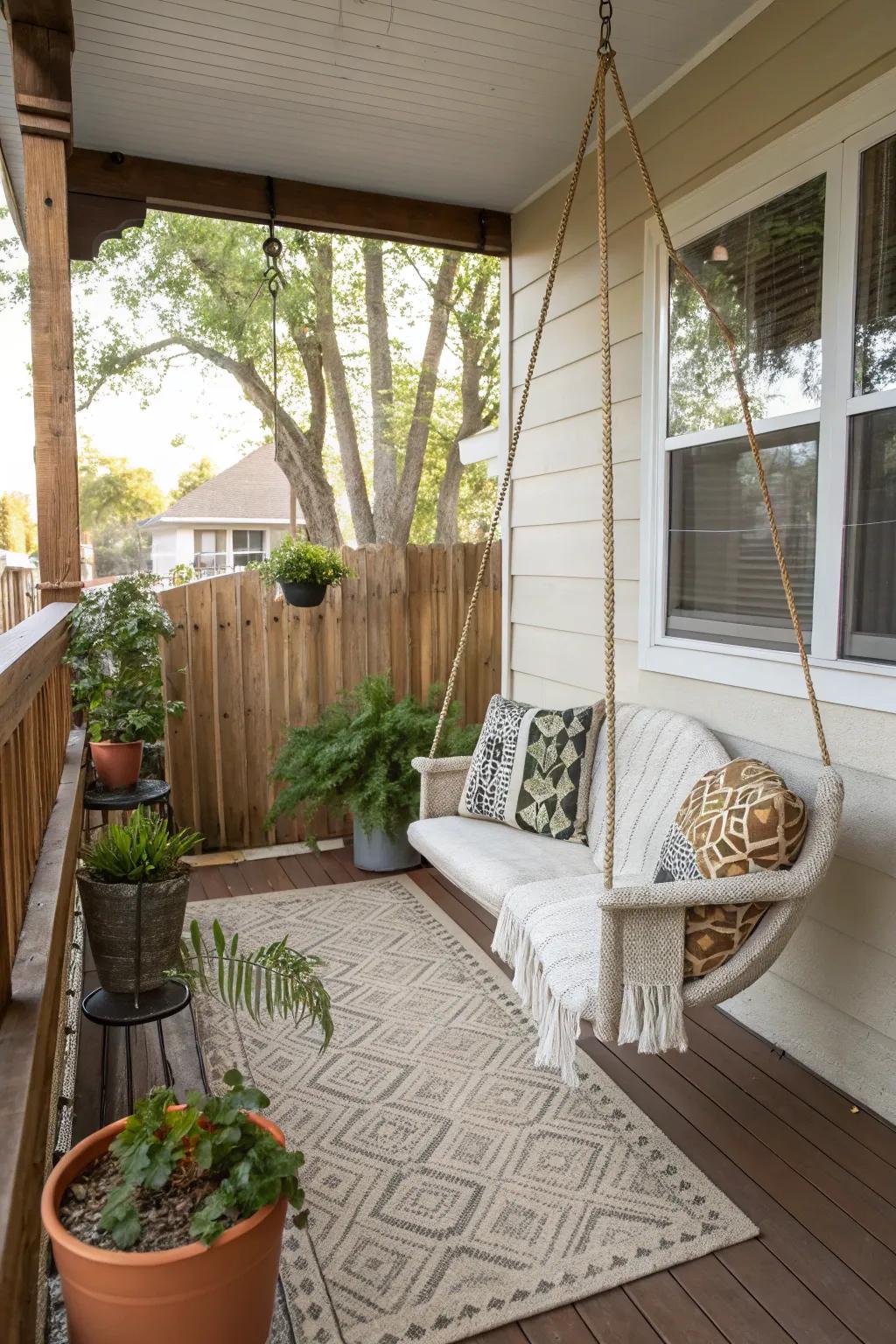 A small front porch featuring a charming swing chair for relaxation.