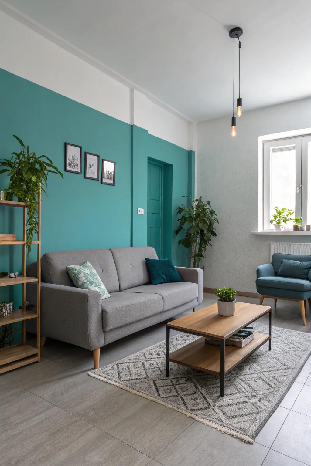 A minimalist approach using teal and grey establishes a serene living space.