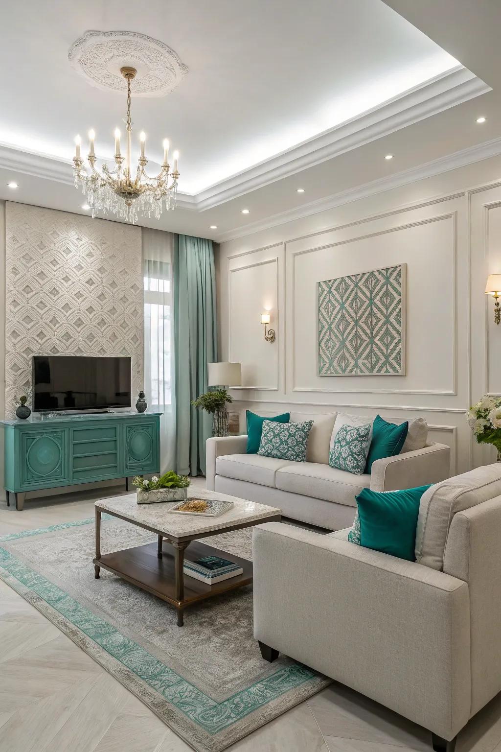 Minimalist teal accents inject flair and elegance into a modern living space.