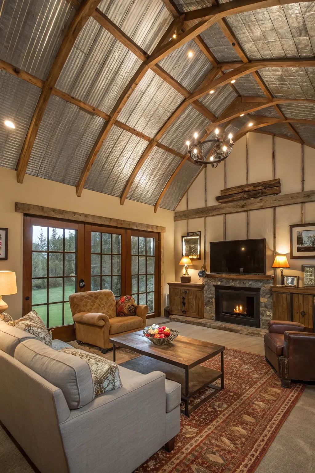 Unconventional materials create a unique and captivating ceiling in this living room.