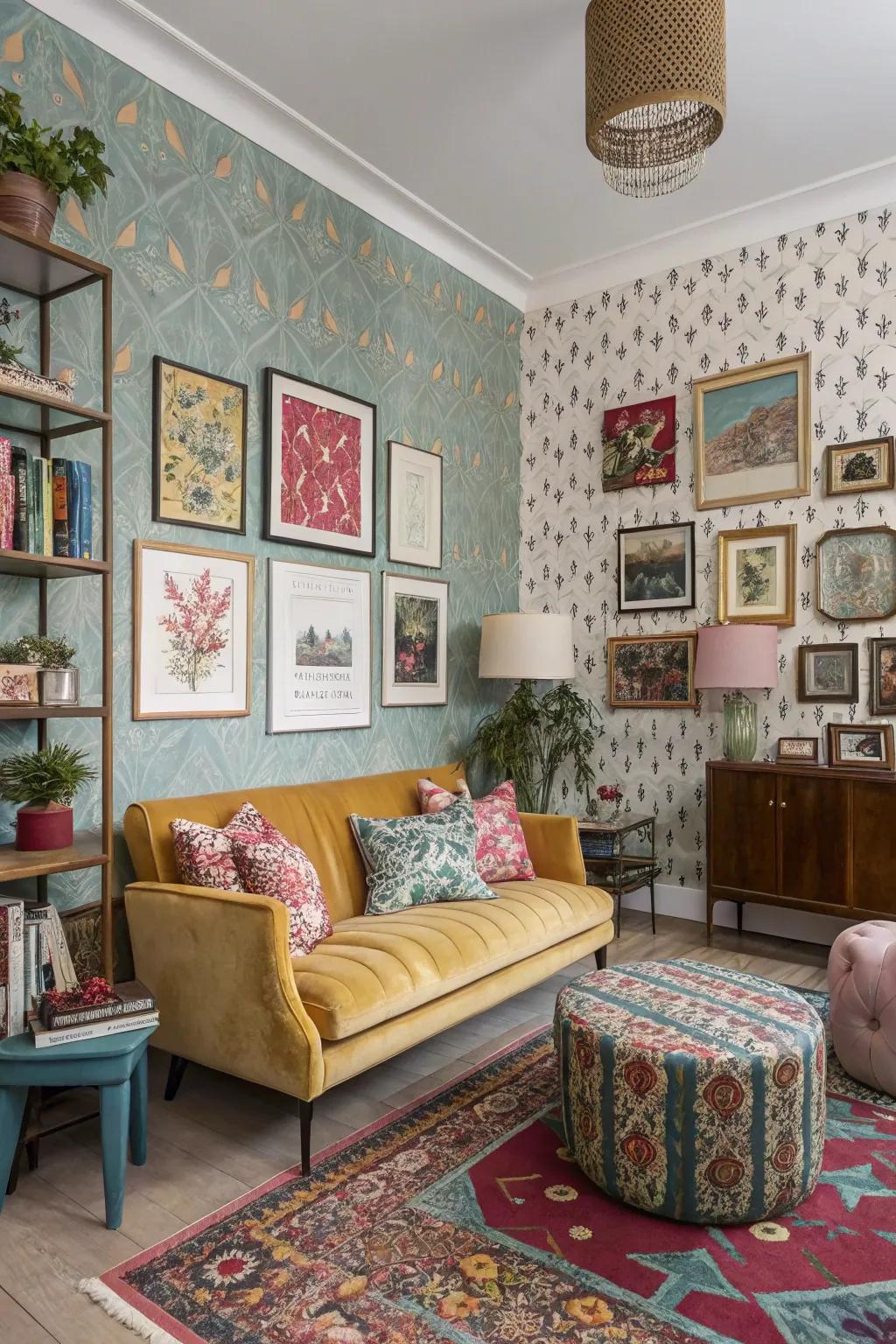 Mixed and matched wall covering creates a unique room.