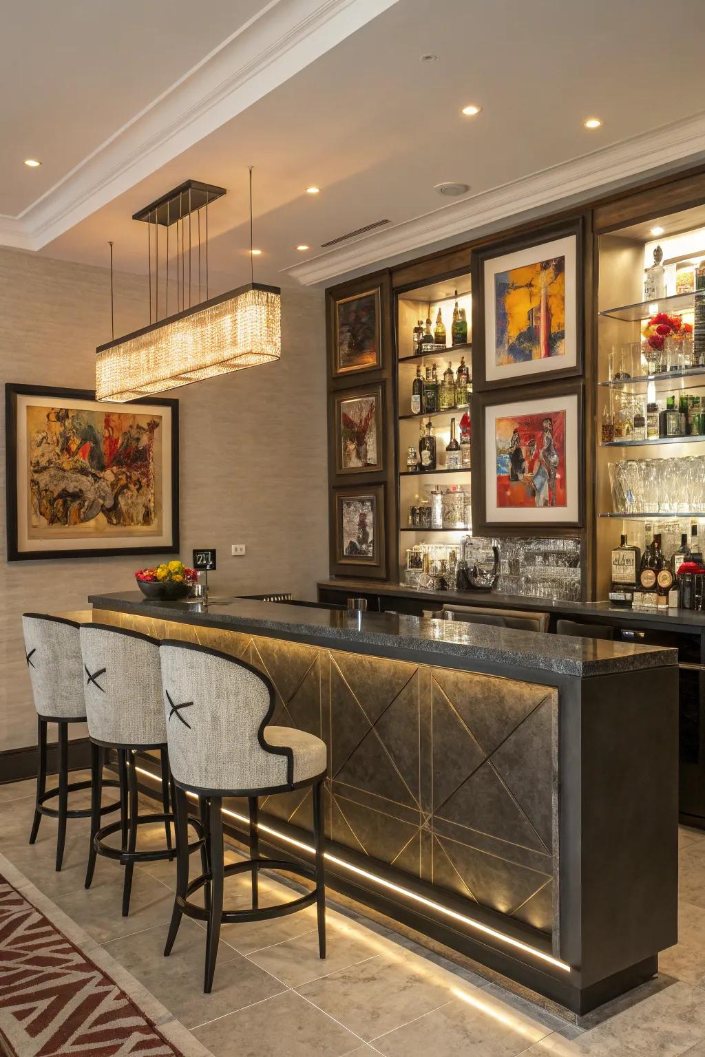 Eclectic art pieces append uniqueness to your wet bar.