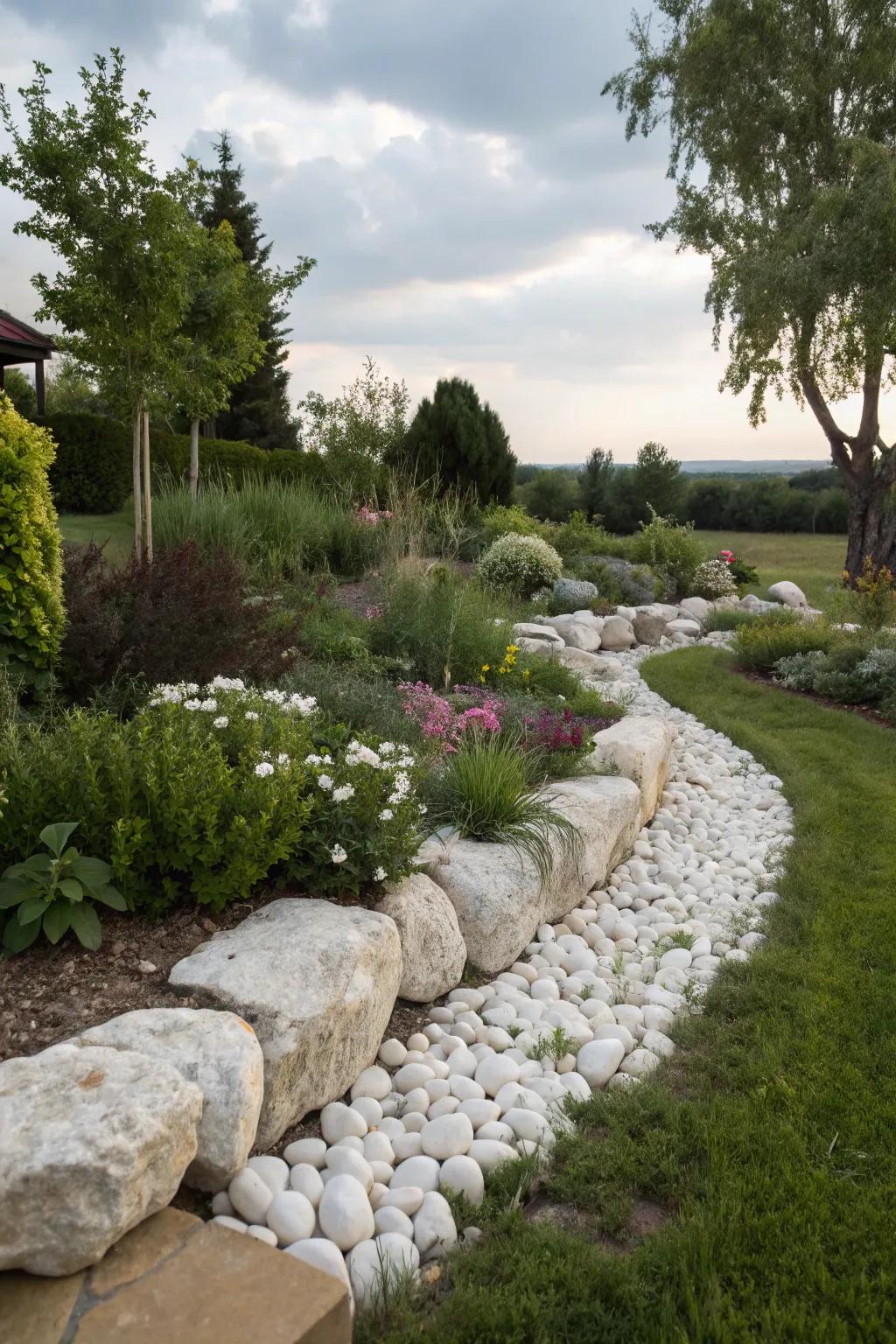 A garden with natural stone borders complementing white stones, blending rustic and contemporary components.