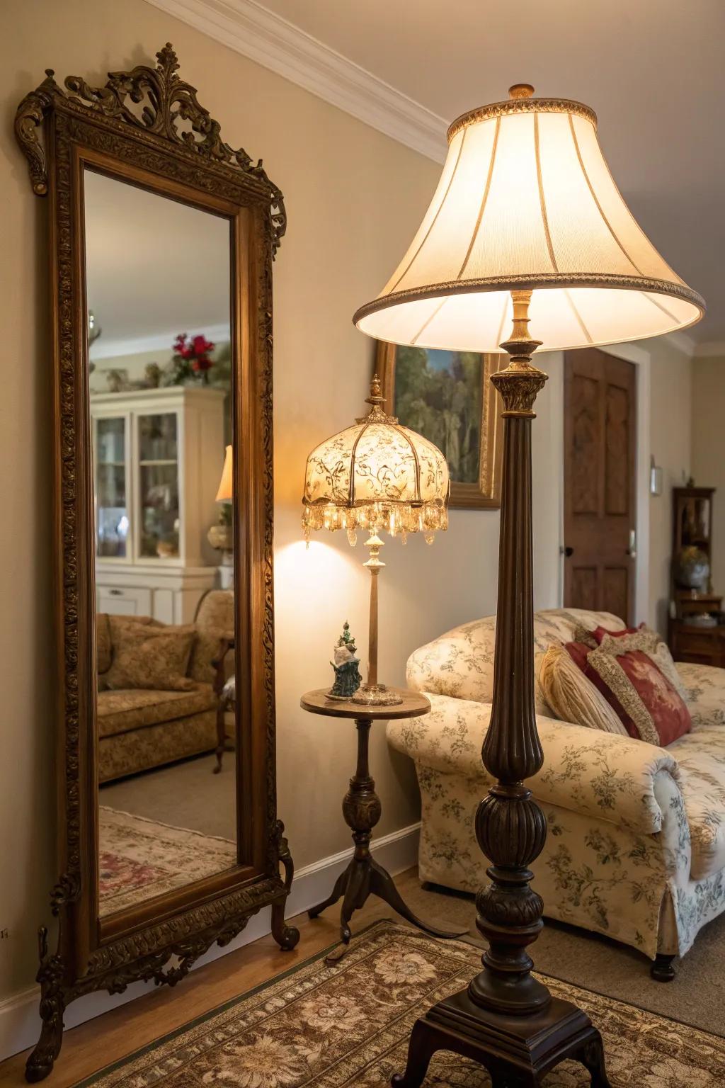 Unique elements adding intrigue to a dimly lit living space.