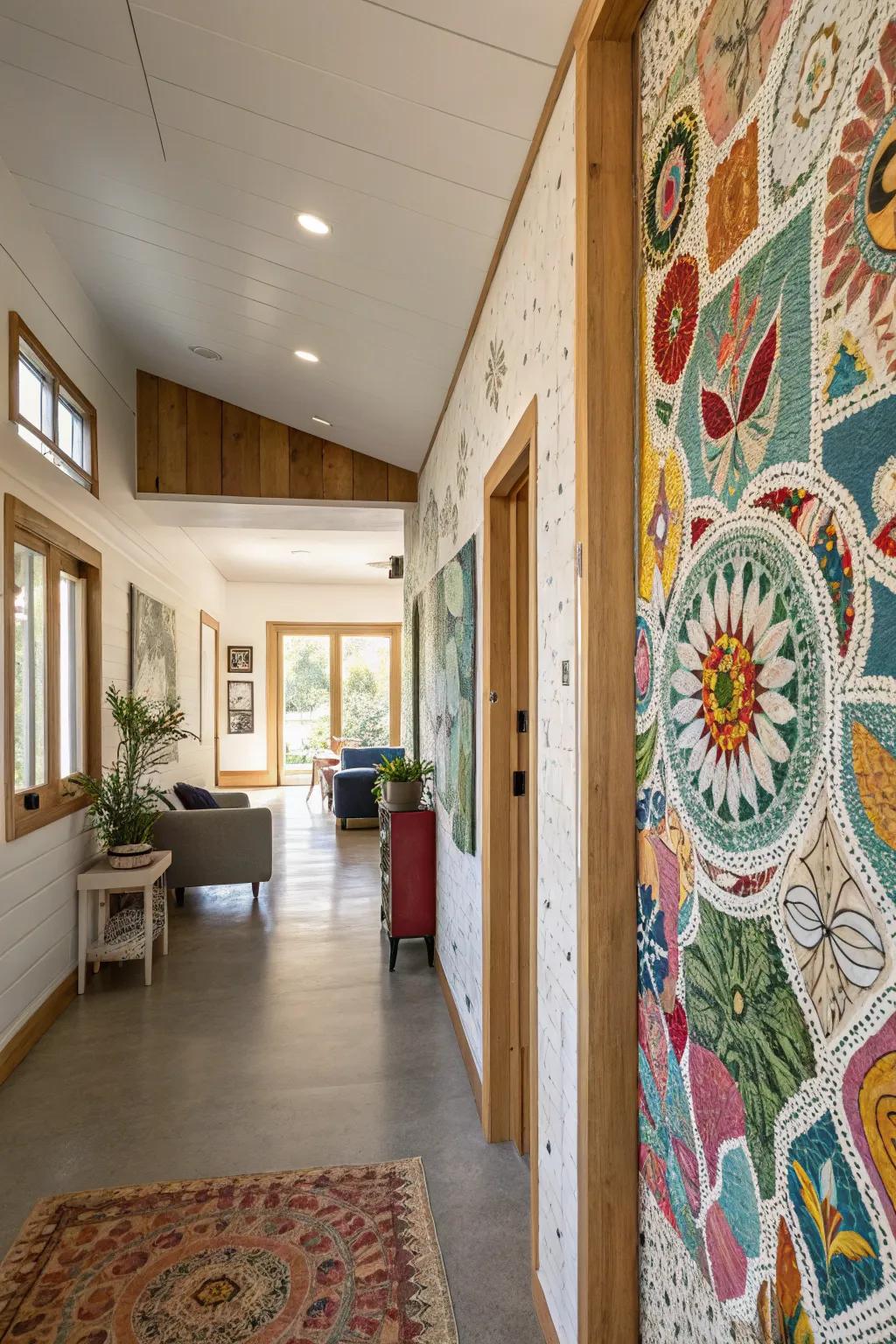 Parchment scraps fashion an eco-conscious and artistic mosaic mural.