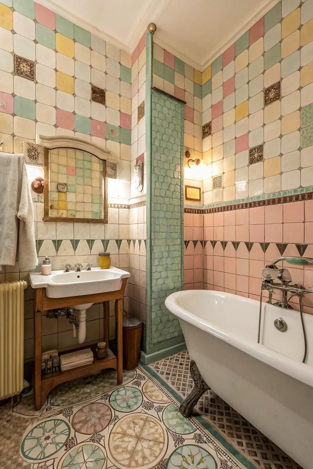 A bathroom with vintage mosaic tiles, full of nostalgic charm.