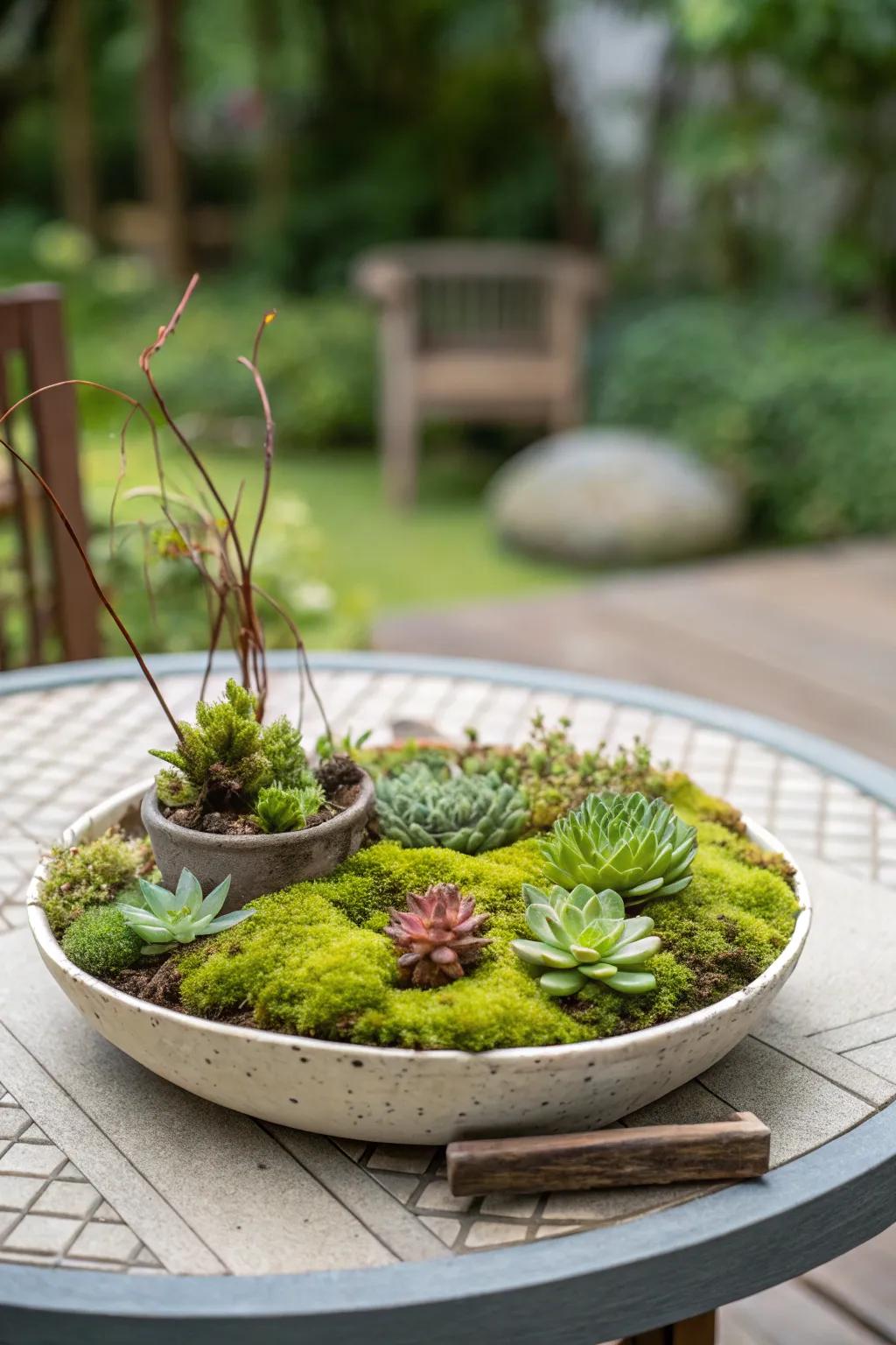 A stunning combination of moss and greenthorn showcased in a shallow saucer.