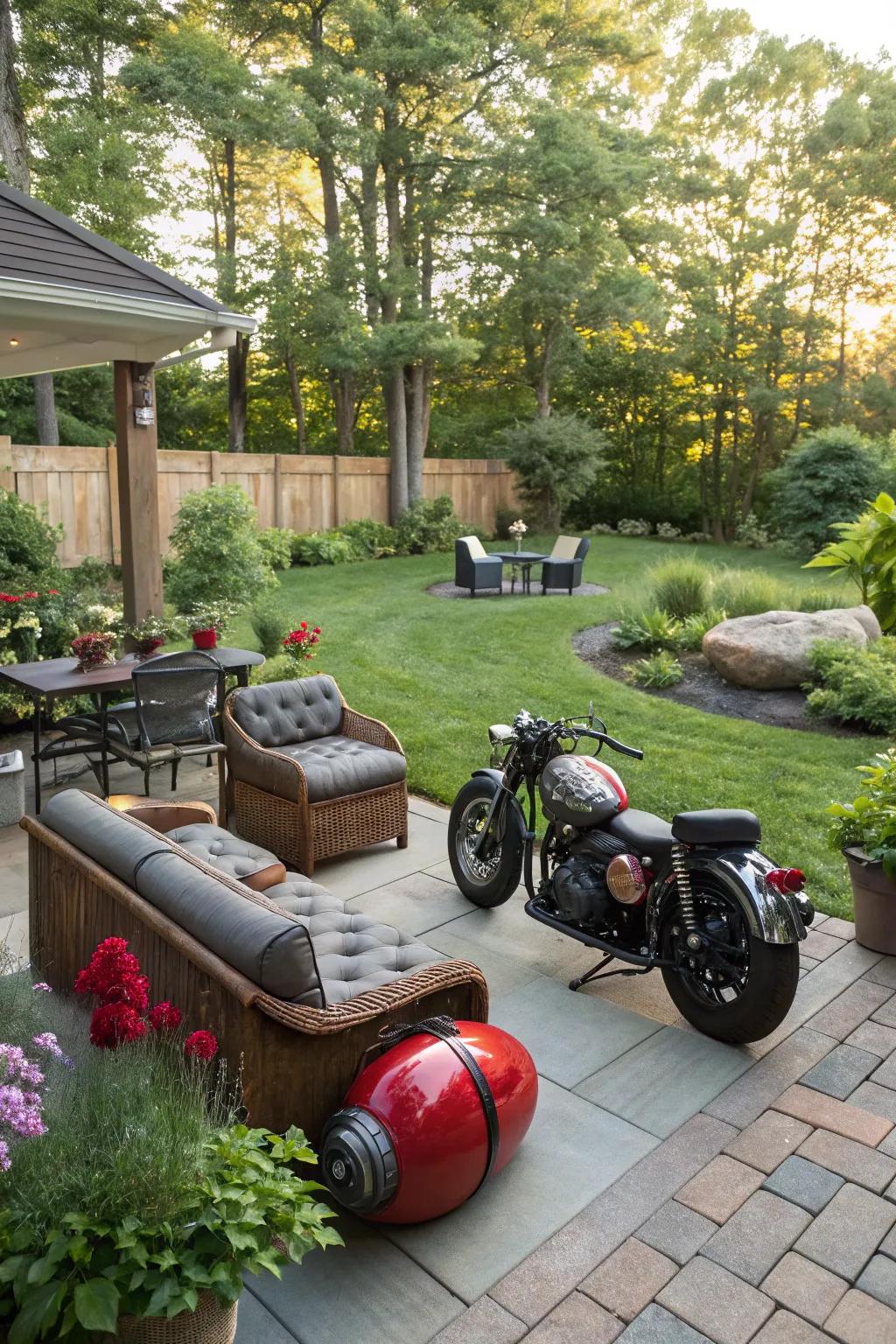 An outdoor patio providing motorcycle-based details.
