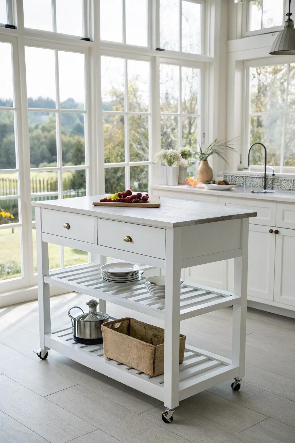 A crisp and elegant white kitchen island