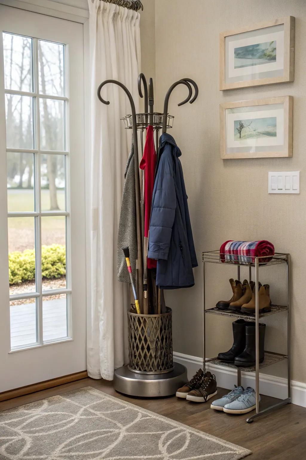 A mudroom featuring a stylish freestanding rain gear holder.