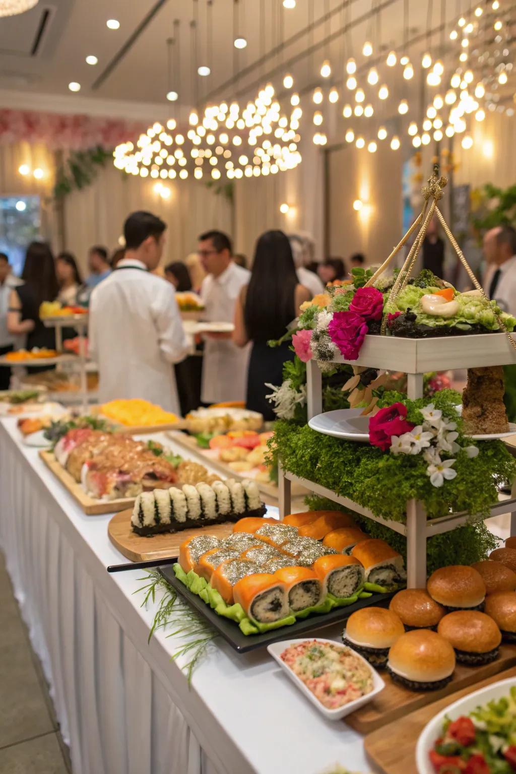 Themed food stations offer a diverse culinary experience.