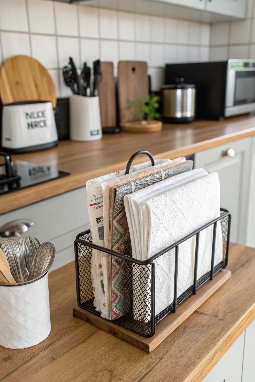 Magazine holders cleverly repurposed for tidy napkin organization.