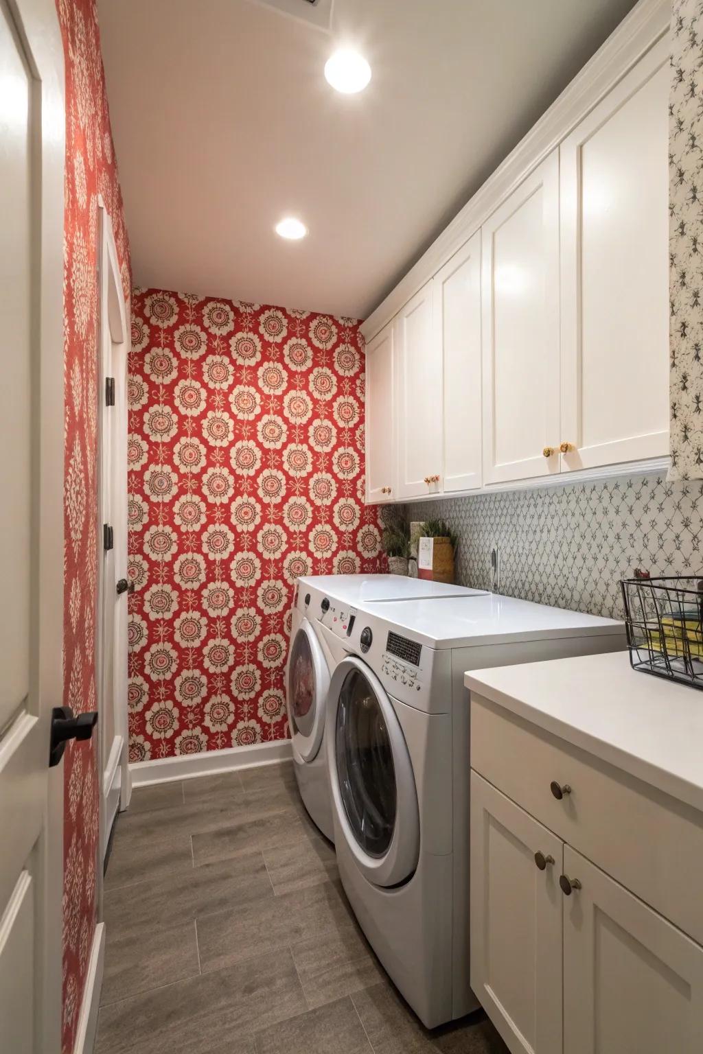 A standout wall enriches the laundry area with depth.