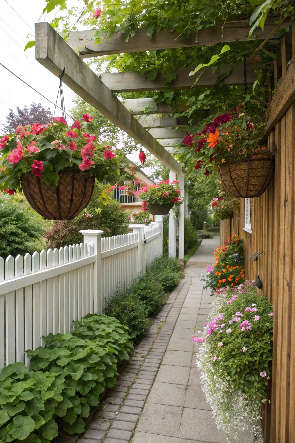 Suspended containers append lush greenery to a narrow garden.