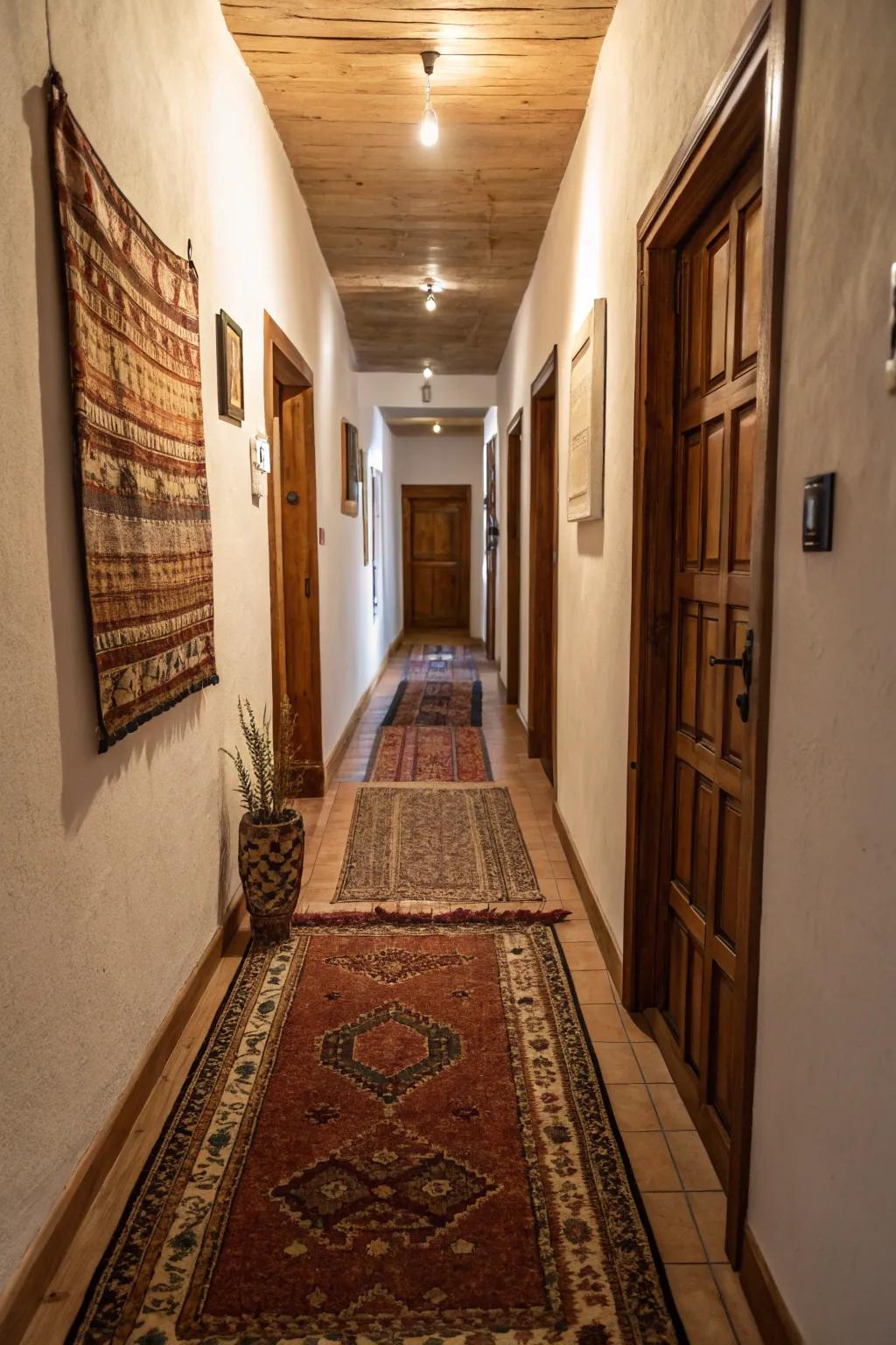 Layered mats add warmth, surface, and visual lengthening to a restricted hallway.