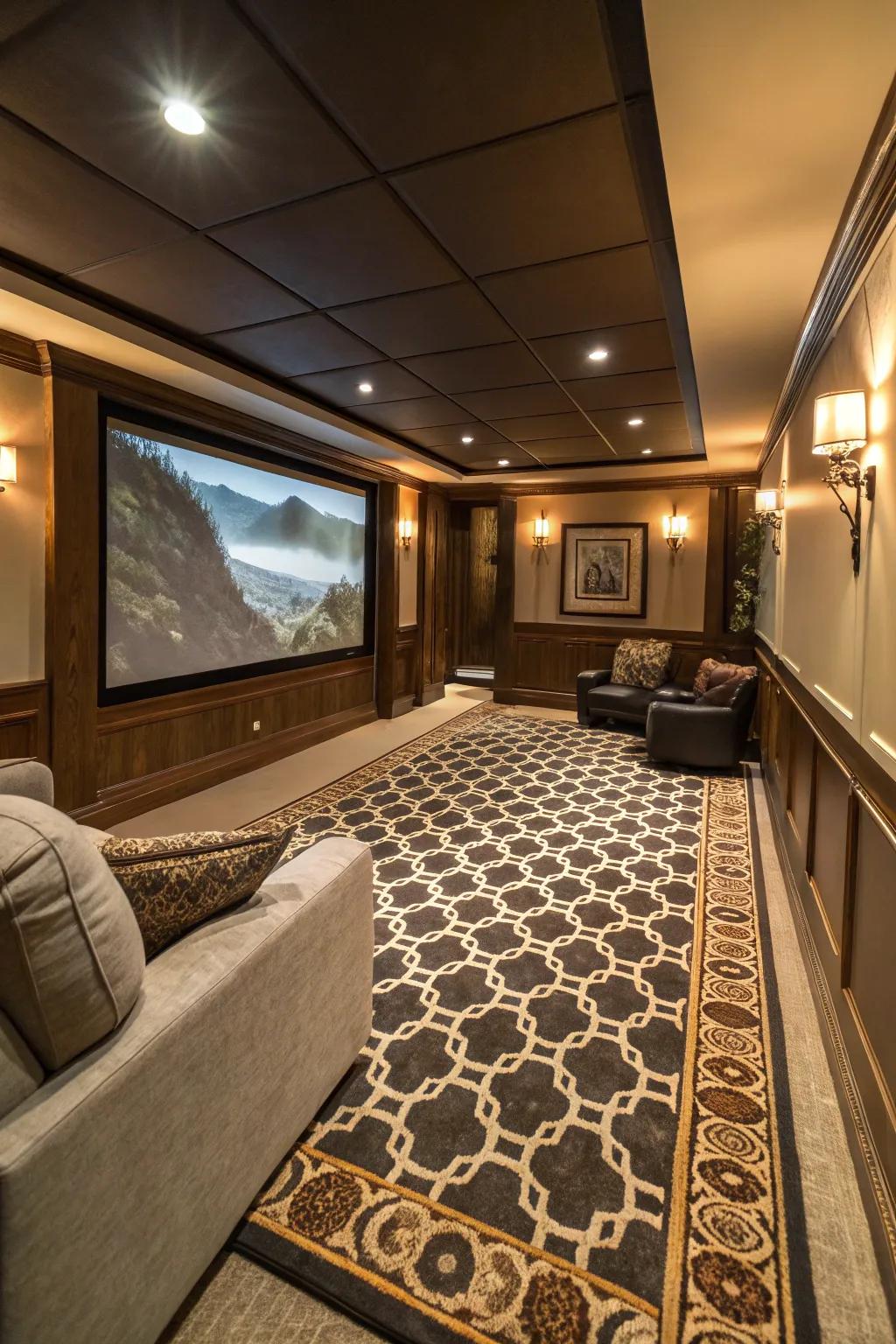 A bold rug can anchor and define your cinema area.