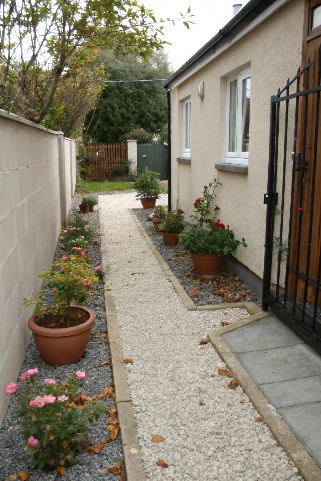 Gravel provides a stylish ground cover for slender side gardens.